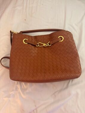 Woven Leather Shoulder Bag in Chestnut Brown with Gold Hardware